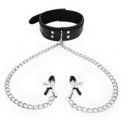 Черный ошейник с зажимами на соски на цепочке - Notabu - купить с доставкой в Ангарске