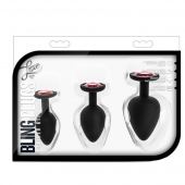 Набор черных анальных пробок с красным кристаллом-сердечком Bling Plugs Training Kit - Blush Novelties - купить с доставкой в Ангарске