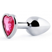 Серебристая анальная пробка с малиновым кристаллом-сердечком - 7 см. - Anal Jewelry Plug - купить с доставкой в Ангарске