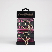 Черные кожаные наручники с розовой строчкой - Crazy Handmade - купить с доставкой в Ангарске