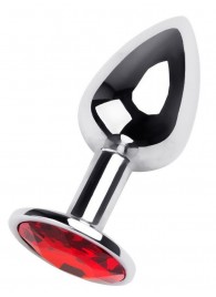 Маленькая коническая серебристая анальная пробка с красным кристаллом - 7 см. - ToyFa - купить с доставкой в Ангарске