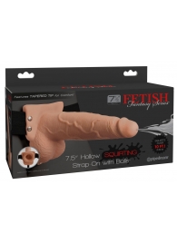 Телесный полый страпон с имитацией эякуляции 7.5  Hollow Squirting Strap-On with Balls Flesh - 21,6 см. - Pipedream - купить с доставкой в Ангарске