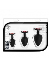 Набор черных анальных пробок с красным кристаллом-сердечком Bling Plugs Training Kit - Blush Novelties - купить с доставкой в Ангарске