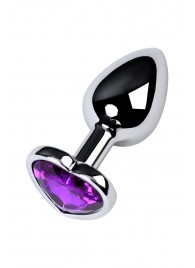 Серебристая коническая анальная пробка с фиолетовым кристаллом-сердечком - 7 см. - ToyFa - купить с доставкой в Ангарске