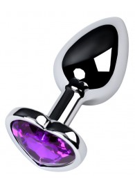 Серебристая коническая анальная пробка с фиолетовым кристаллом-сердечком - 7 см. - ToyFa - купить с доставкой в Ангарске