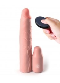 Телесная вибронасадка на член 3  Vibrating Mega X-tension with Remote - 22,9 см. - Pipedream - в Ангарске купить с доставкой