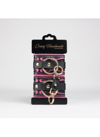 Черные кожаные наручники с розовой строчкой - Crazy Handmade - купить с доставкой в Ангарске