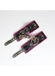 Черные кожаные наручники с розовой строчкой - Crazy Handmade - купить с доставкой в Ангарске