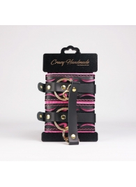 Черные кожаные оковы с розовой строчкой - Crazy Handmade - купить с доставкой в Ангарске