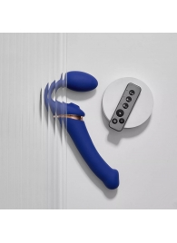 Синий безремневой страпон Multi Orgasm Bendable Strap-On size L с клиторальной стимуляцией - Strap-on-me - купить с доставкой в Ангарске