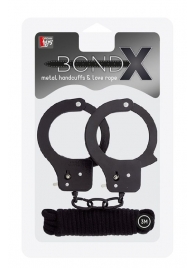 Чёрные наручники из листового металла в комплекте с веревкой BONDX METAL CUFFS LOVE ROPE SET - Dream Toys - купить с доставкой в Ангарске