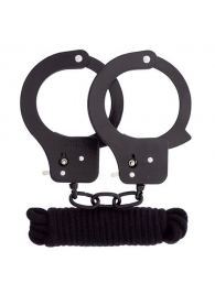 Чёрные наручники из листового металла в комплекте с веревкой BONDX METAL CUFFS LOVE ROPE SET - Dream Toys - купить с доставкой в Ангарске