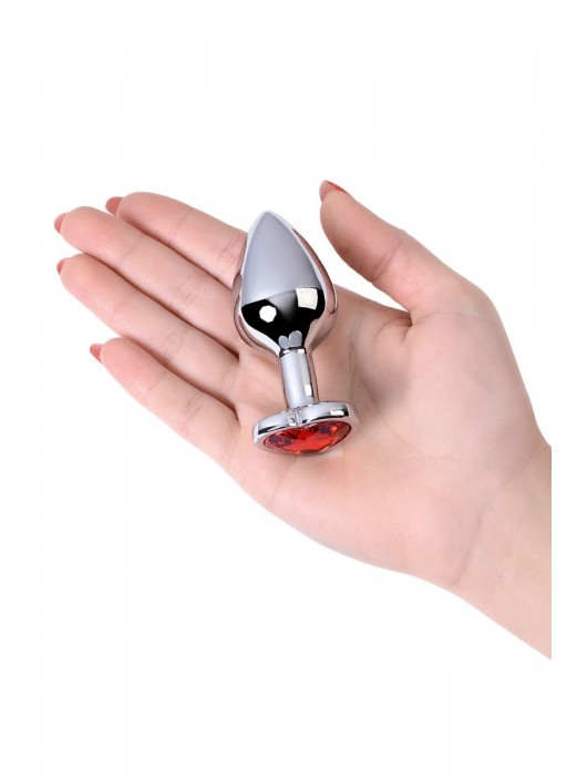 Серебристая коническая анальная пробка с красным кристаллом-сердечком - 7 см. - ToyFa - купить с доставкой в Ангарске