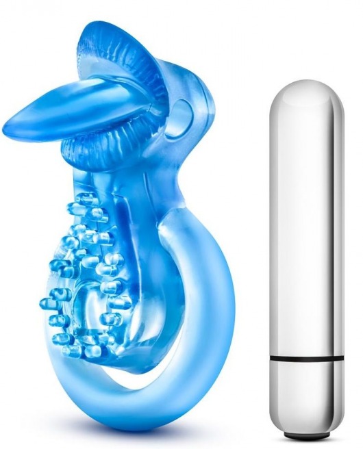 Голубое эрекционное виброкольцо 10 Function Vibrating Tongue Ring - Blush Novelties - в Ангарске купить с доставкой