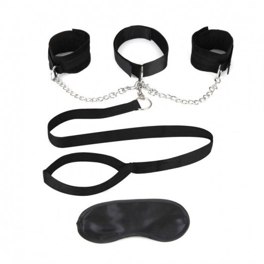 Чёрный ошейник с наручниками и поводком Collar Cuffs   Leash Set - Lux Fetish - купить с доставкой в Ангарске