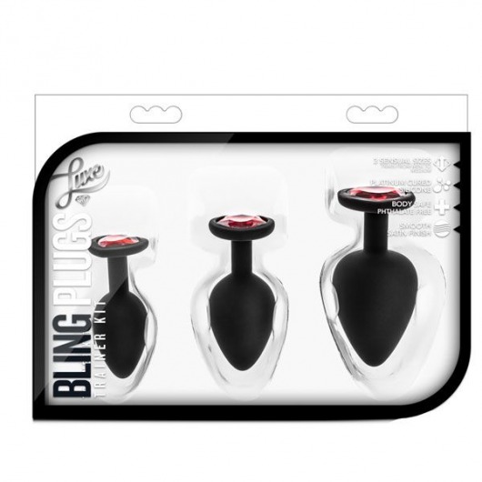 Набор черных анальных пробок с красным кристаллом-сердечком Bling Plugs Training Kit - Blush Novelties - купить с доставкой в Ангарске