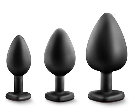 Набор черных анальных пробок с красным кристаллом-сердечком Bling Plugs Training Kit - Blush Novelties - купить с доставкой в Ангарске