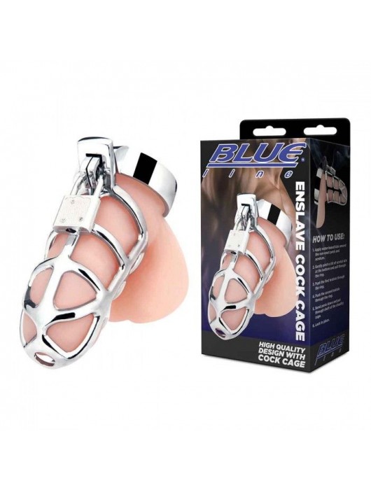 Серебристая металлическая клетка для члена с замком Enslave Cock Cage - BlueLine - купить с доставкой в Ангарске
