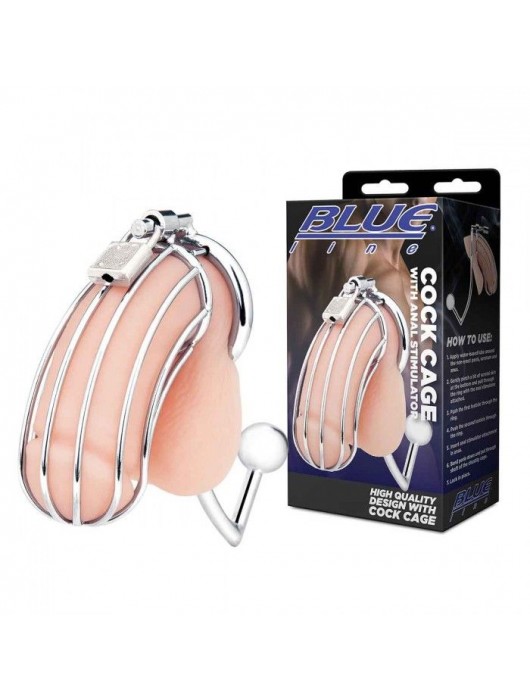 Серебристая металлическая клетка с анальным стимулятором Cock Cage - BlueLine - купить с доставкой в Ангарске