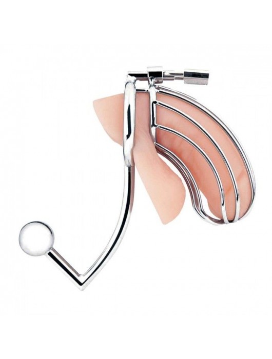 Серебристая металлическая клетка с анальным стимулятором Cock Cage - BlueLine - купить с доставкой в Ангарске