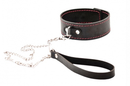 Черный широкий ошейник с красной строчкой и поводком - Crazy Handmade - купить с доставкой в Ангарске