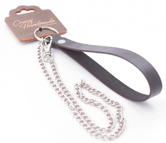 Серебристый металлический поводок с кожаной черной ручкой - 80 см. - Crazy Handmade - купить с доставкой в Ангарске