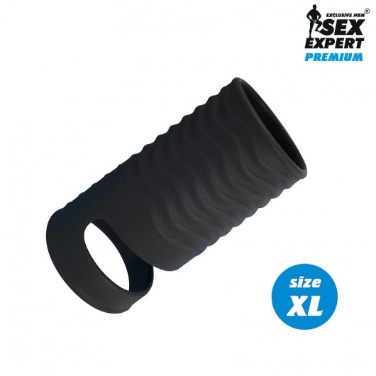 Черная открытая насадка на пенис с кольцом для мошонки XL-size - 8,9 см. - Sex Expert - в Ангарске купить с доставкой