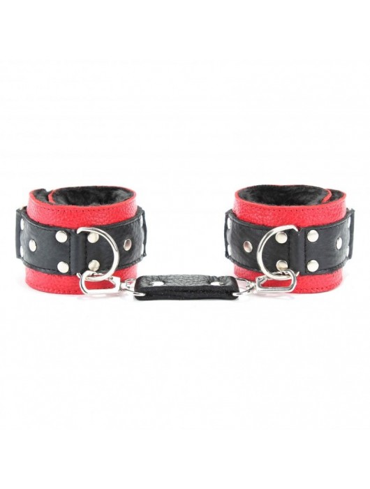 Красно-чёрные кожаные наручники с меховым подкладом - БДСМ Арсенал - купить с доставкой в Ангарске