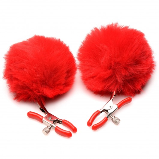 Красные зажимы на соски с помпонами Pom Pom - XR Brands - купить с доставкой в Ангарске
