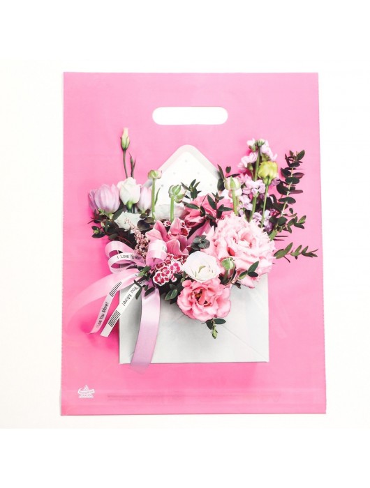 Розовый пакет с цветочным принтом и вырубной ручкой (40х31 см) - Сима-Ленд - купить с доставкой в Ангарске