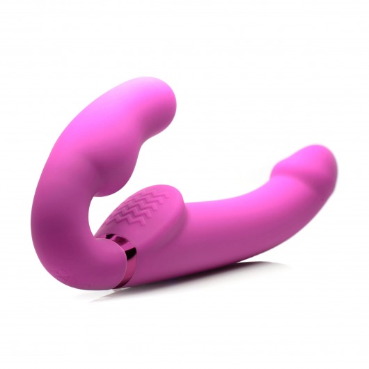 Розовый безремневой страпон с вибрацией и функцией расширения Inflatable Ergo-Fit Strapless Strap-On - XR Brands - купить с доставкой в Ангарске