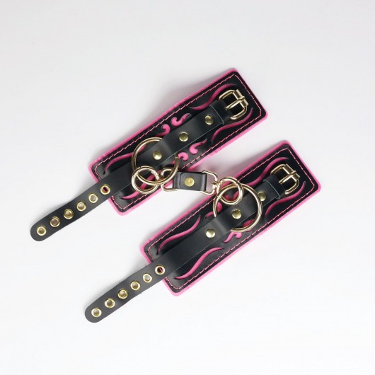 Черные кожаные наручники с розовой строчкой - Crazy Handmade - купить с доставкой в Ангарске