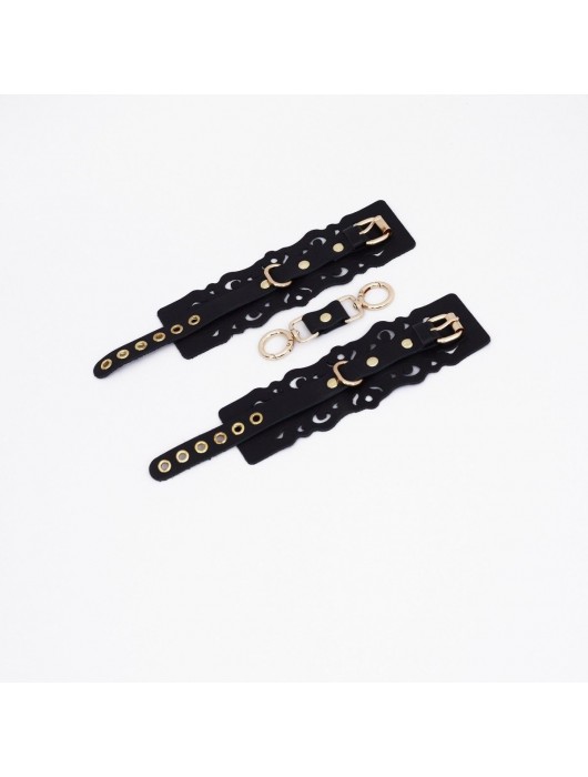 Черные кожаные наручники с узорами и золотистой фурнитурой - Crazy Handmade - купить с доставкой в Ангарске