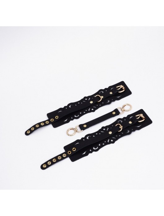 Черный кожаные оковы с узорами и золотистой фурнитурой - Crazy Handmade - купить с доставкой в Ангарске