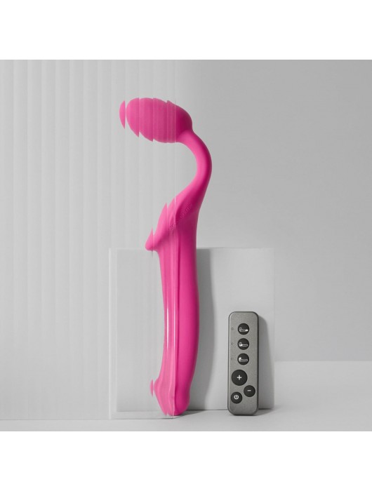 Ярко-розовый безремневой страпон Strap-on-me Vibrating Bendable Strap-On size L - Strap-on-me - купить с доставкой в Ангарске