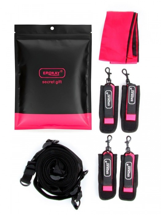Черно-розовый эротический набор: фиксатор, оковы, наручники, повязка - Erokay - купить с доставкой в Ангарске