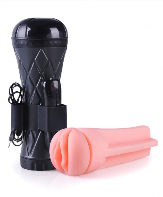Телесный мастурбатор-вагина в черной колбе с вибрацией - Boys of Toys - в Ангарске купить с доставкой