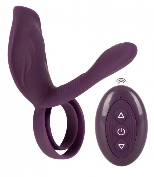 Фиолетовая насадка на член с клиторальным отростком и пультом ДУ RC Couple’s Vibrator 2 - Orion - в Ангарске купить с доставкой