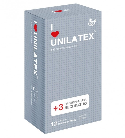 Презервативы с точками Unilatex Dotted - 12 шт. + 3 шт. в подарок - Unilatex - купить с доставкой в Ангарске