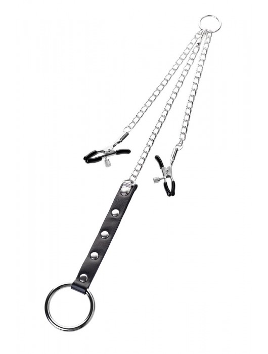 Серебристо-чёрные зажимы для сосков с кольцом для пениса TOYFA Metal - ToyFa - купить с доставкой в Ангарске